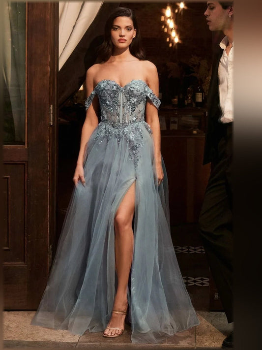 Slate blue floral off-the-shoulder corset formal dress, floor-length sheer skirt and slit