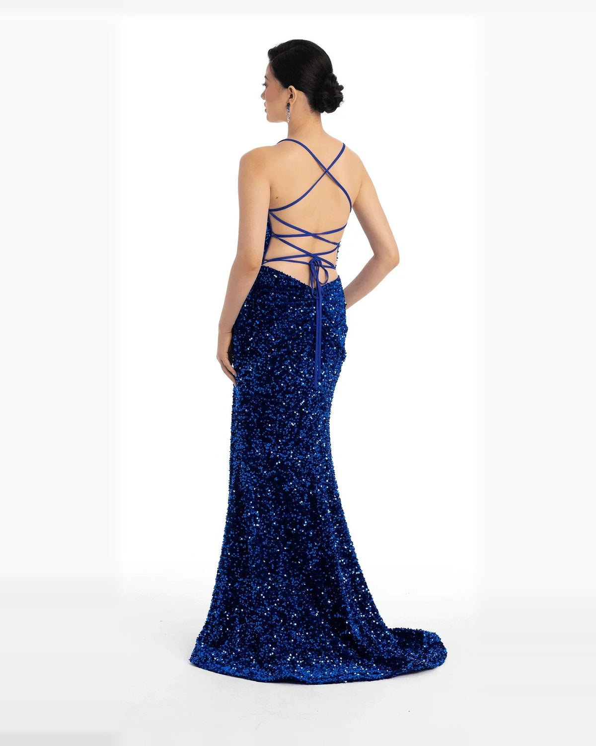 Blue sequin maxi prom dress, open back with crisscross straps, side slit