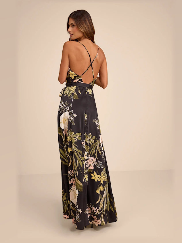 Black Floral maxi formal dress, back full-length view showing the bodice