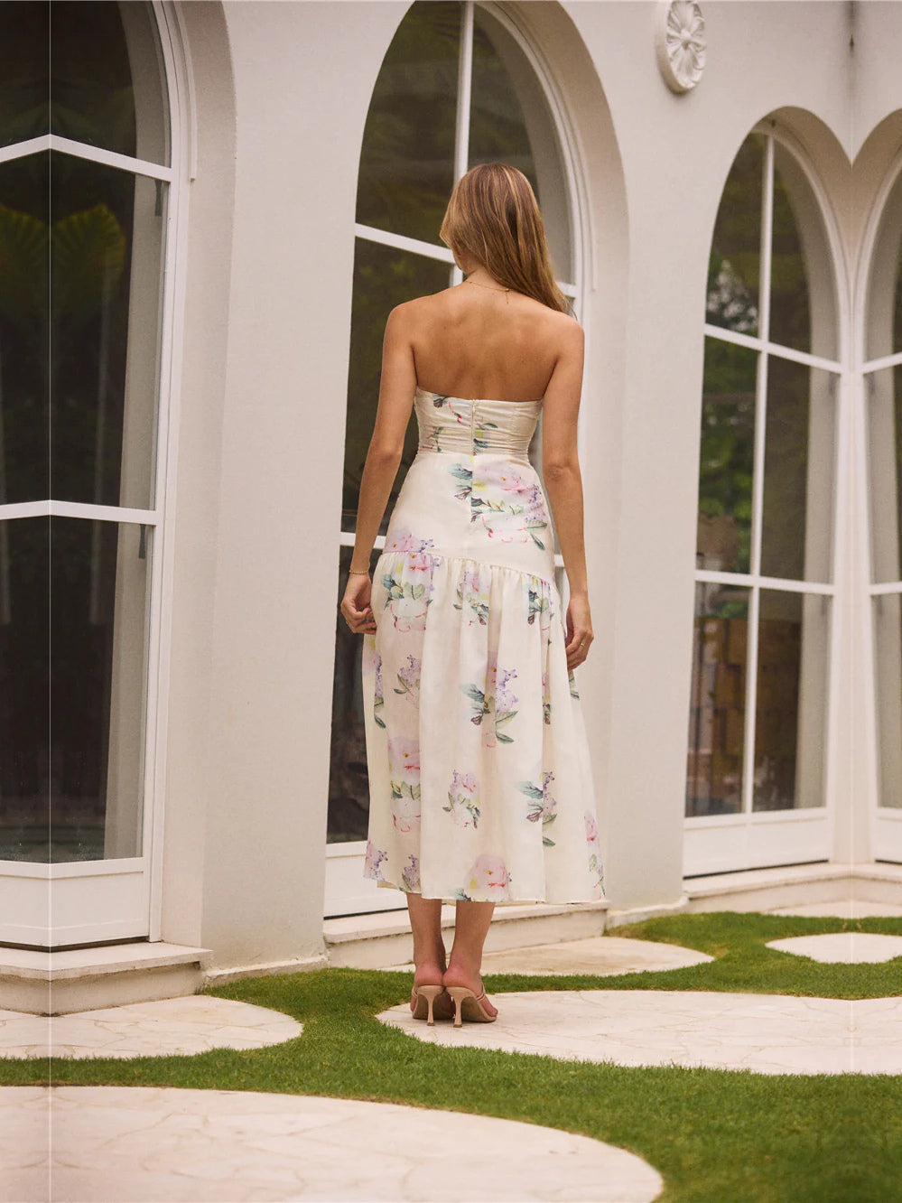 Butter a-line maxi formal dress with floral print, full-length back view