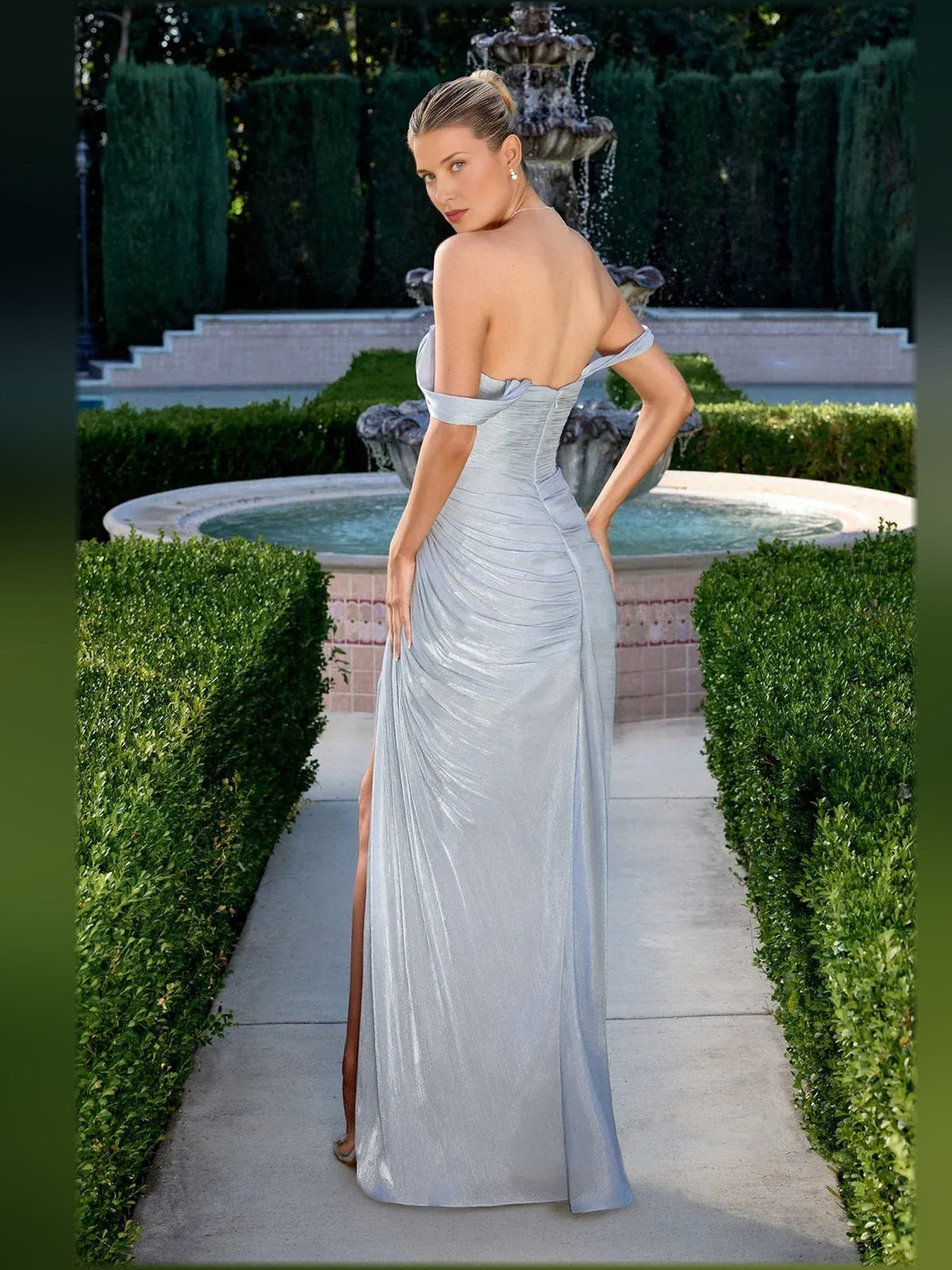 Off-shoulder ruched mermaid evening dress, light gray, with high leg slit