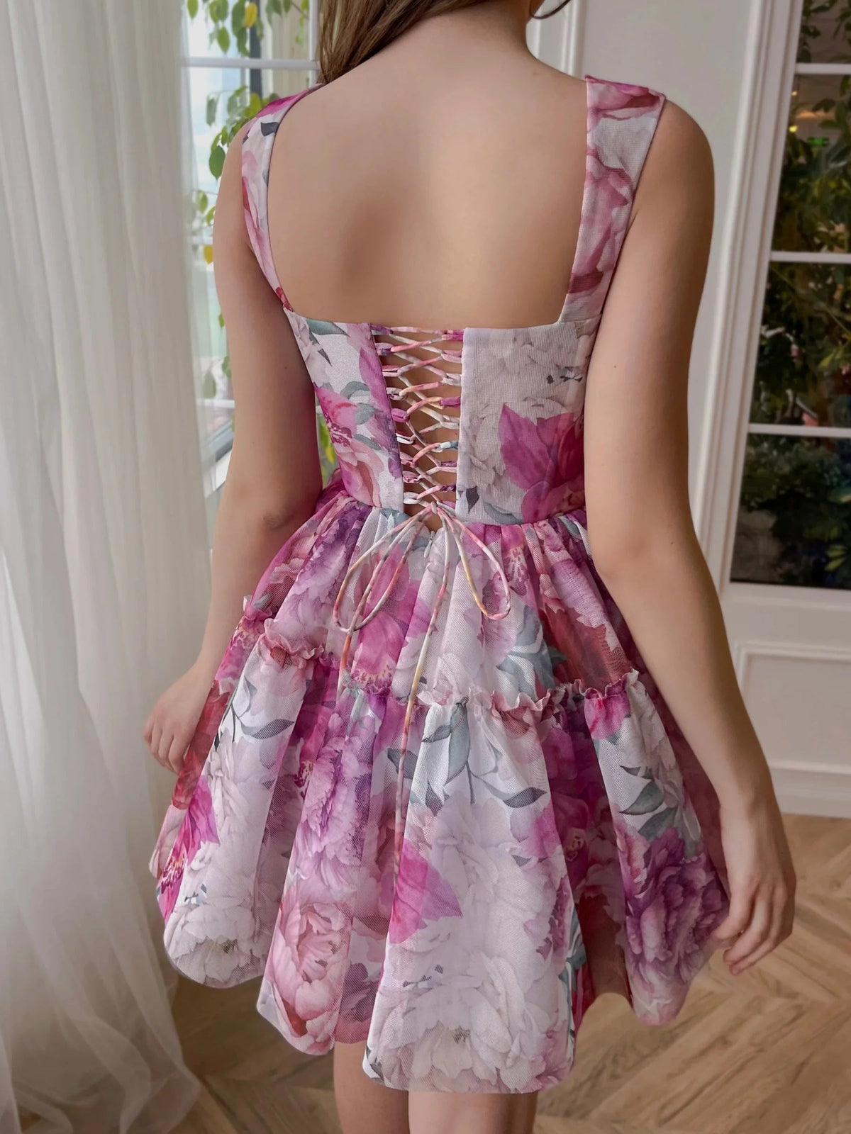 Floral chiffon mini dress with square back, sleeveless bodice, ruched A-line skirt