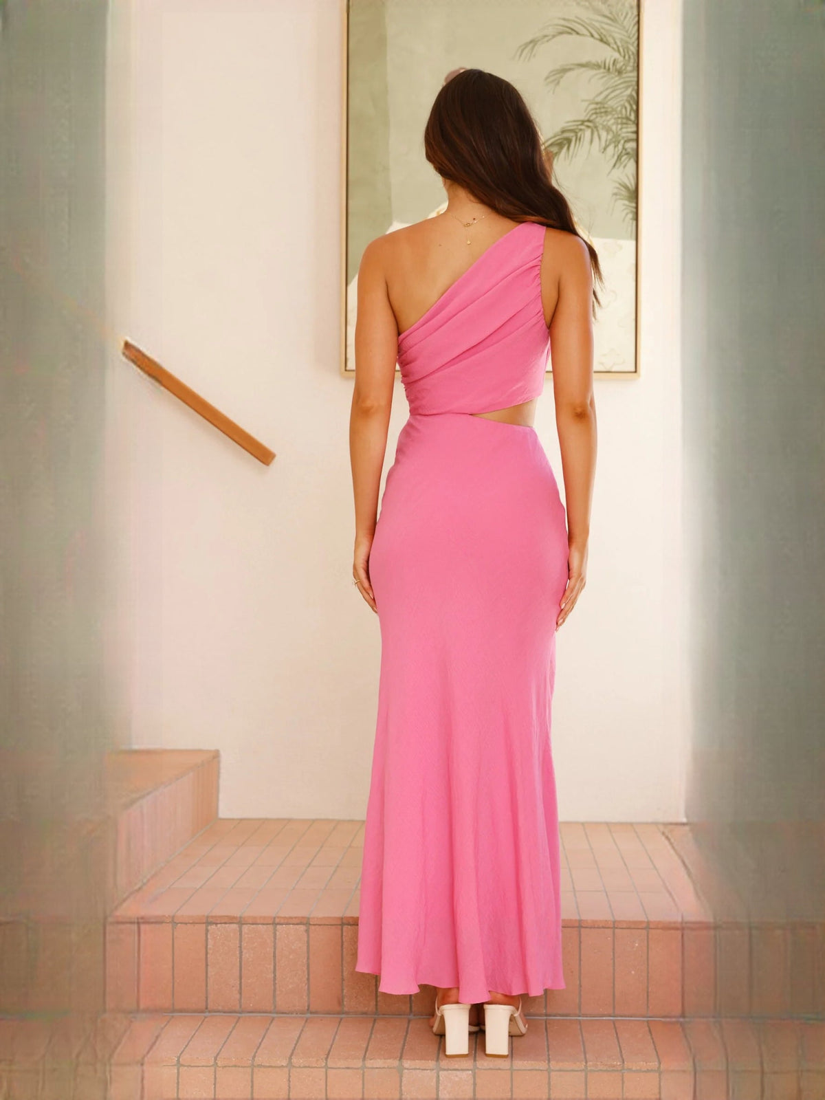 Hot Pink sheath maxi formal dress with cutout detail, full-length back view