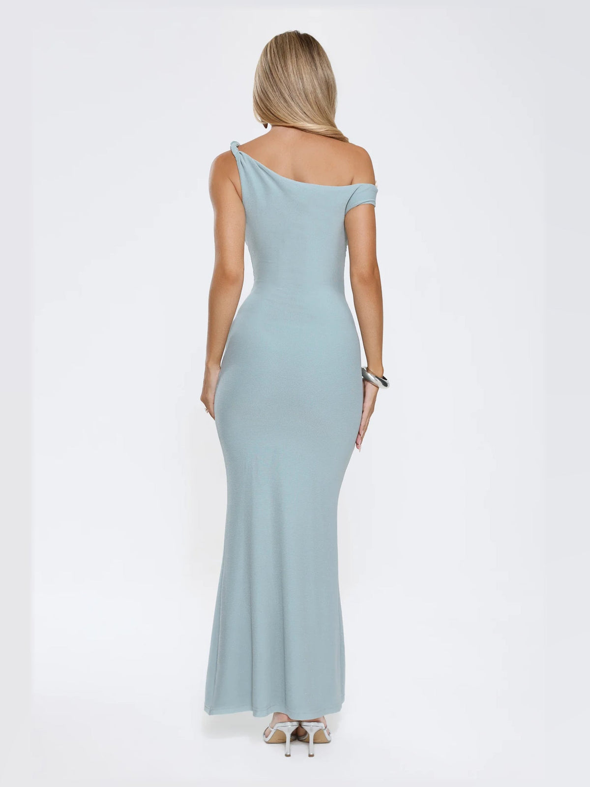 Blue maxi formal dress, back full-length view showing the bodice