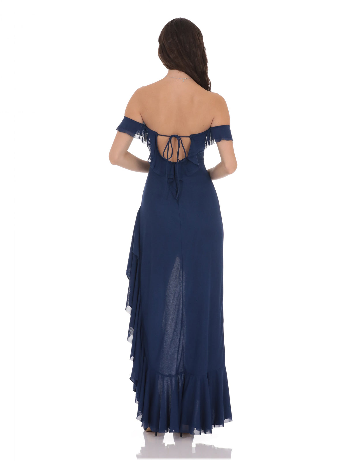 Blue bridesmaid dress with off shoulder neckline