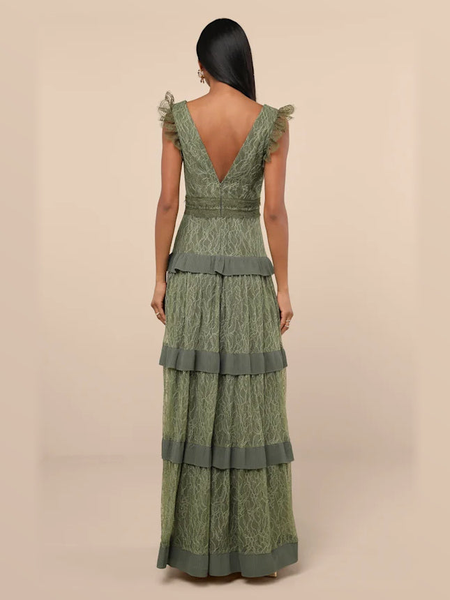 Green formal dress with a-line silhouette
