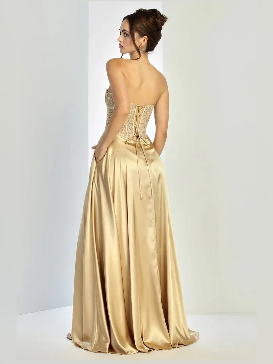 Champagne satin strapless corset prom dress, open-back look with A-line skirt and slit
