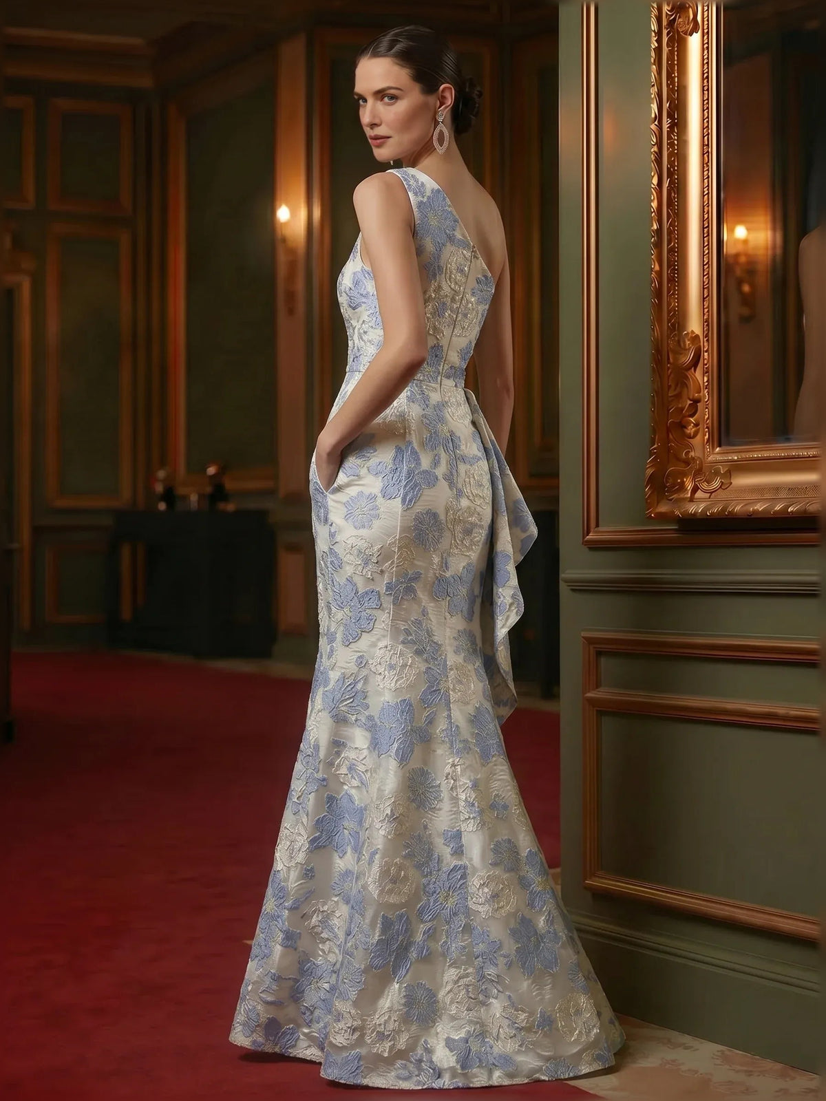 One-shoulder mermaid formal dress, light blue floral print with flowing ruffled skirt
