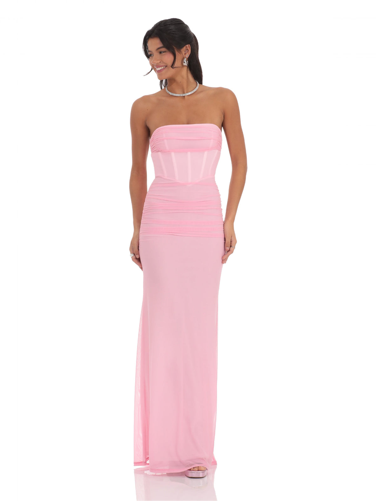 Pink bridesmaid dress with strapless neckline