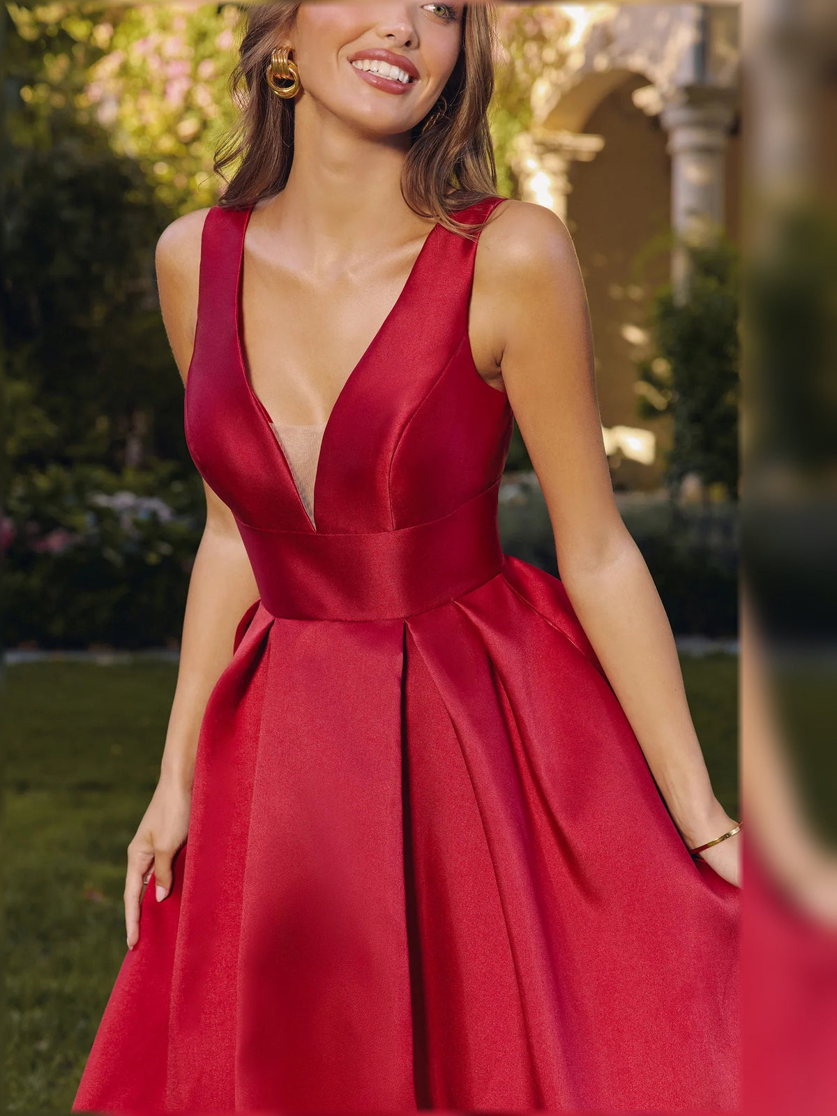Crimson red V-neck satin A-line floor-length formal dress, sleeveless