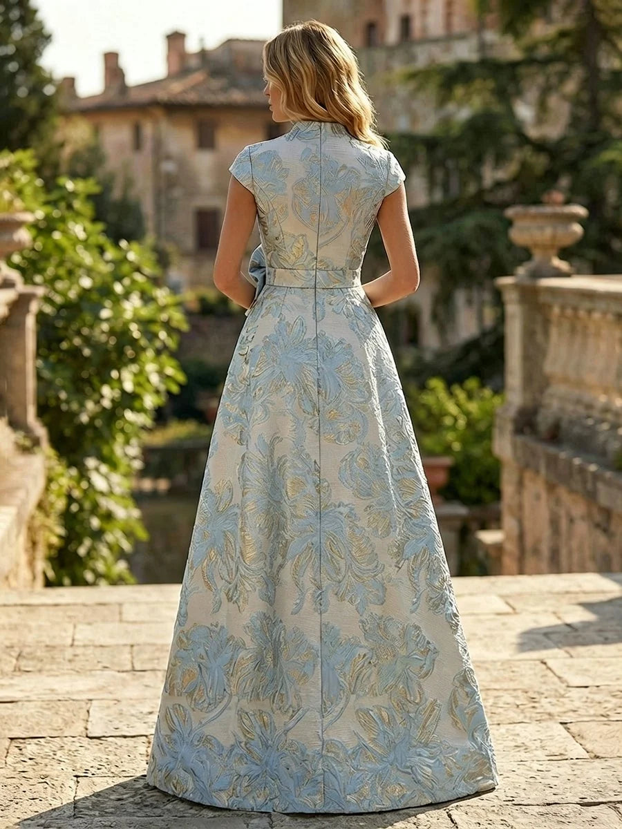Floral embroidered V-neck A-line floor-length dress, back view, sky blue