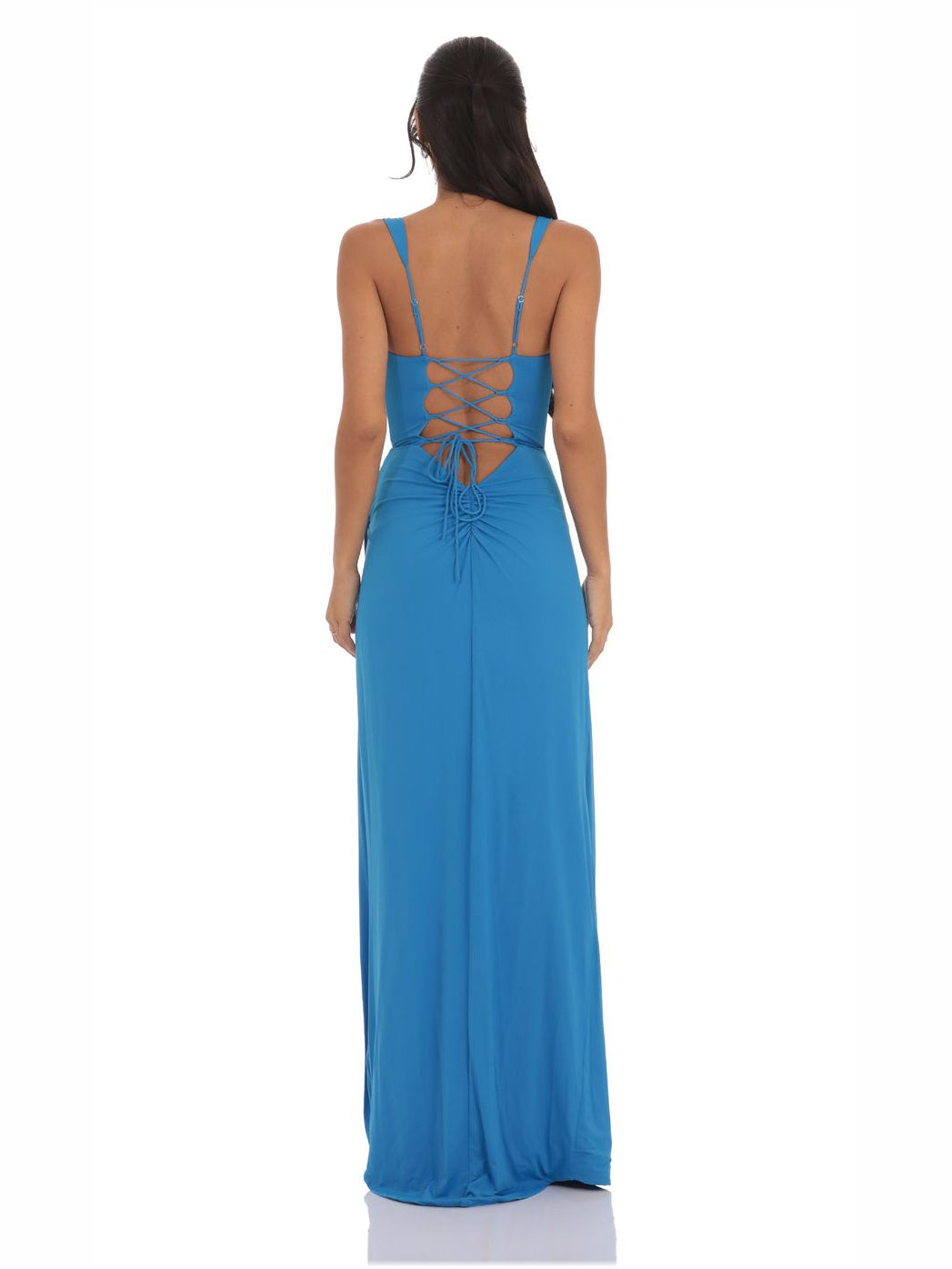 Bright Blue sheath maxi formal dress with lace-up back, full-length back view