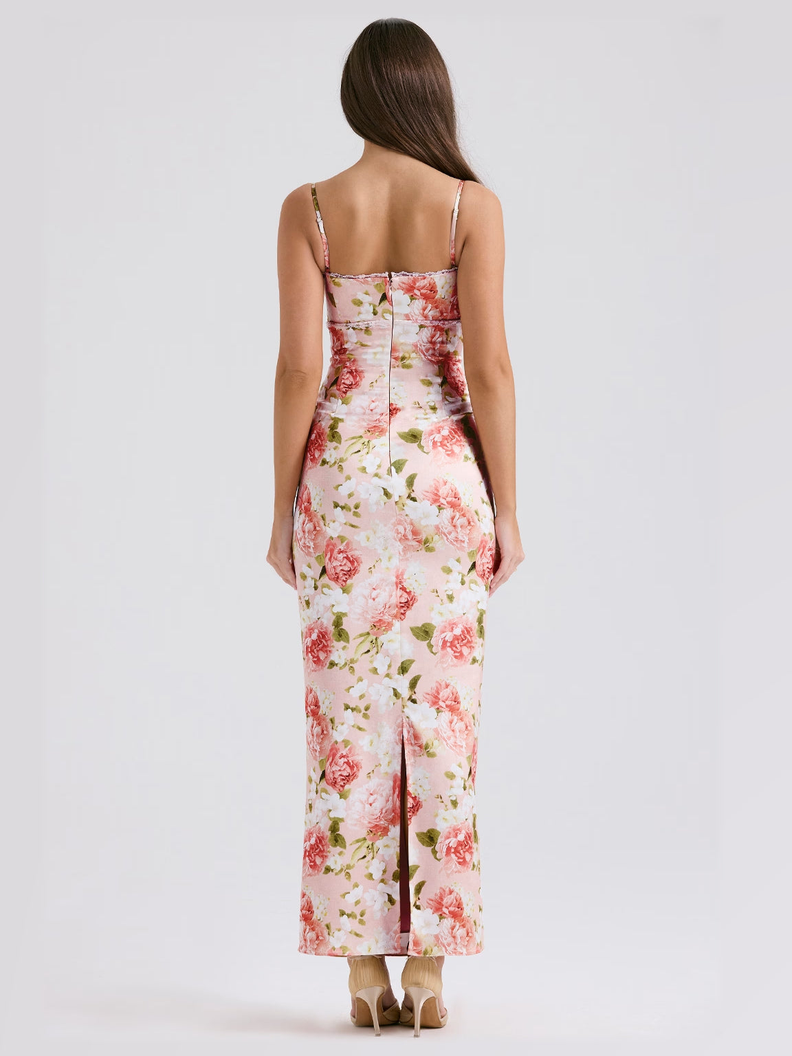 Ivory Pink Floral Print maxi formal dress, back full-length view showing the bodice