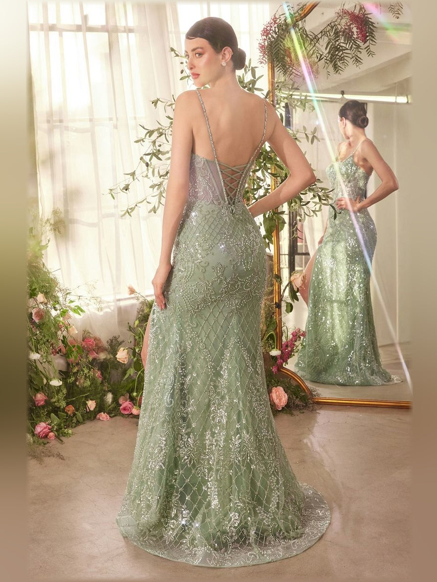 Sage green beaded spaghetti-strap formal gown, open back and floor-length slit