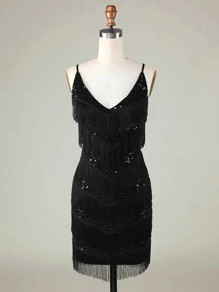 Black V-neck mini dress on mannequin with layered sequin fringe detail