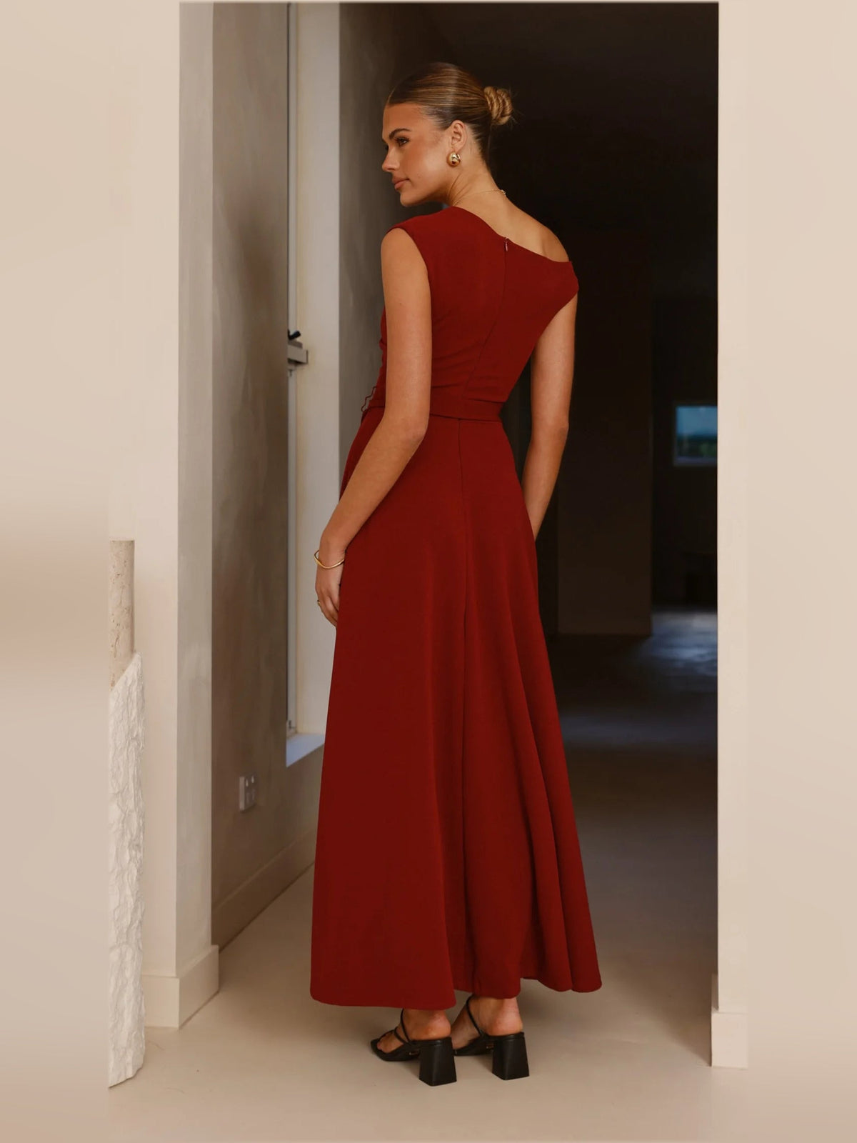 Burgundy a-line maxi formal dress with a-line, full-length back view