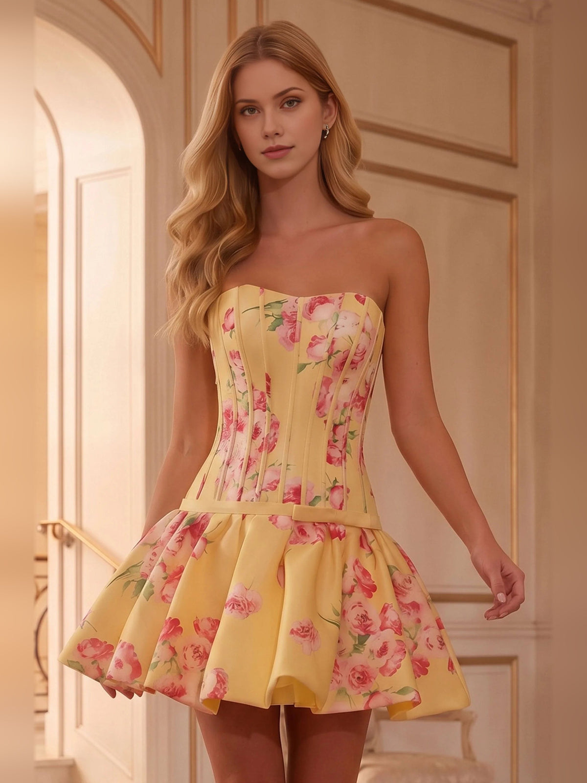 Yellow strapless corset mini dress with pink floral print and gathered flared skirt