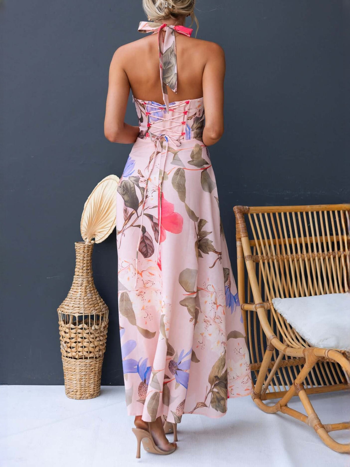Pink Floral Print a-line maxi formal dress with a-line, full-length back view