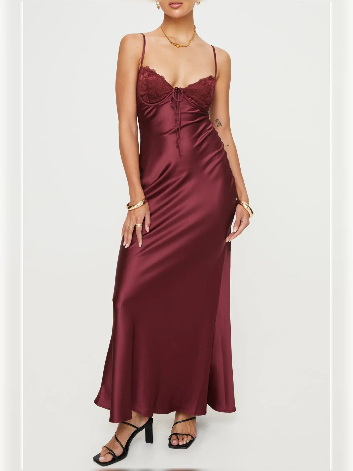 Dark red satin formal dress with spaghetti straps and lace sweetheart bodice, column hem