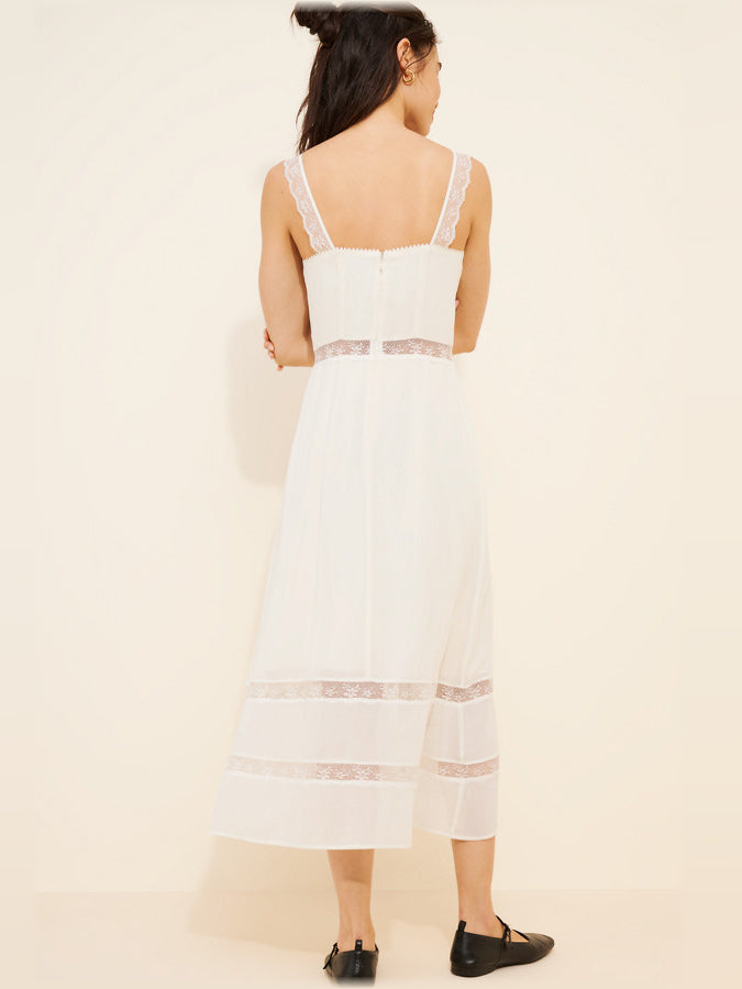 White midi dress, sheer back with lace straps and horizontal banded skirt