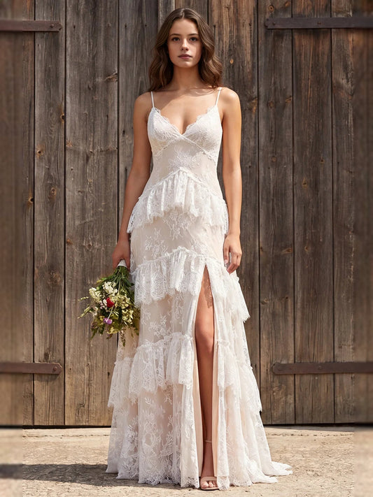 Ivory floral lace wedding dress with spaghetti straps, V-neck, tiered ruffles and slit