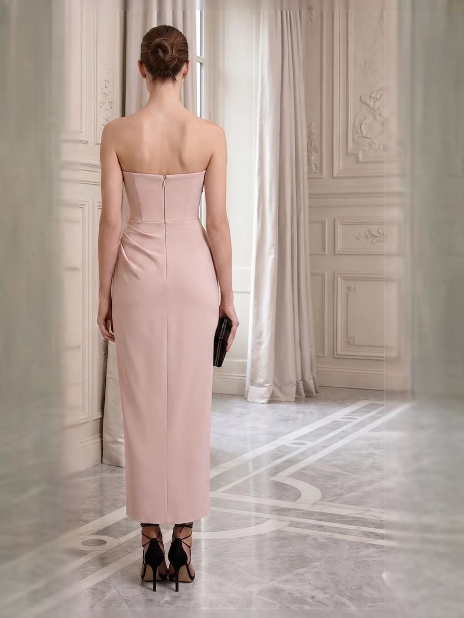 Dusty rose back view strapless sheath midi dress with pleated draped waist