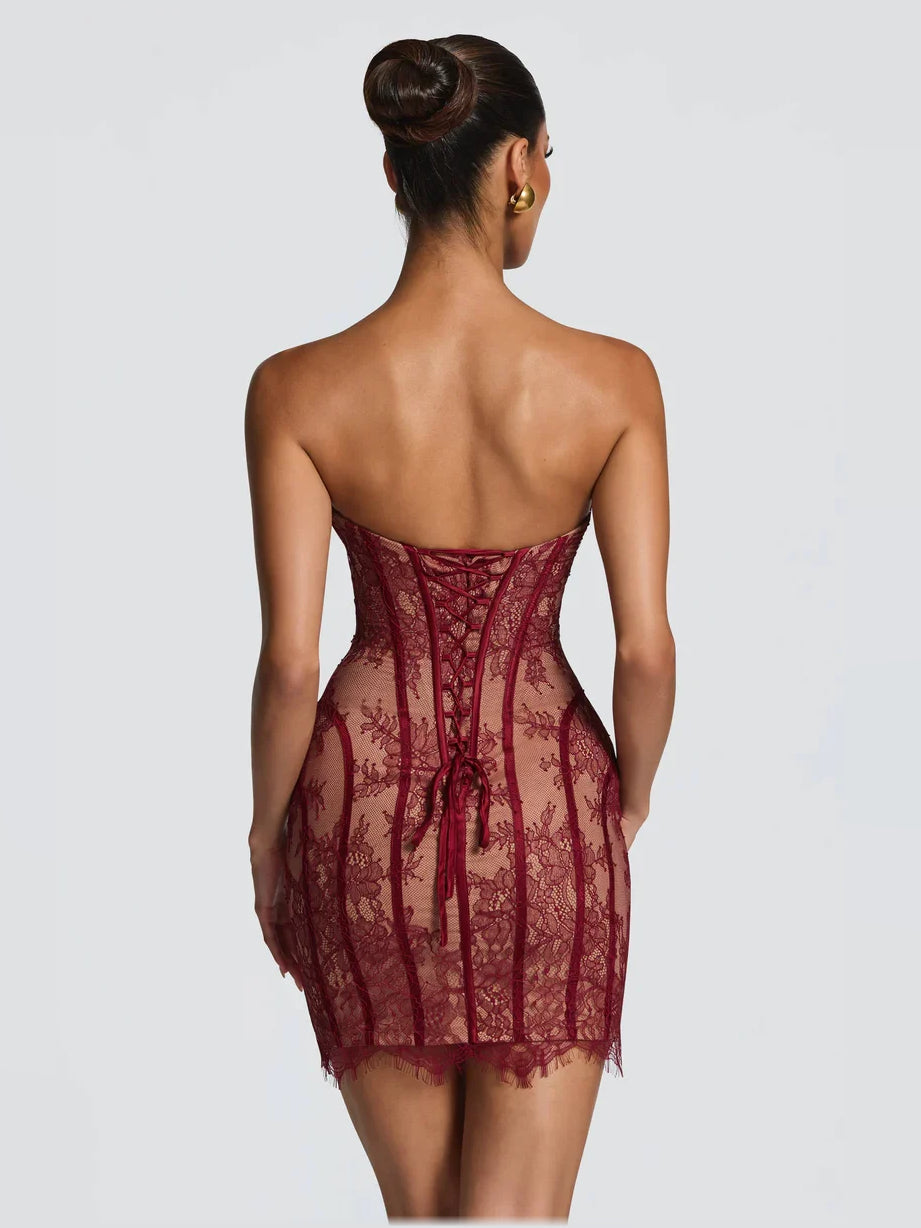 Burgundy lace sweetheart corset mini dress, sheer back with boned detailing