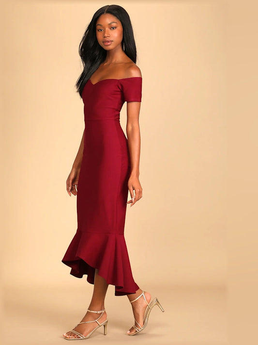Off-shoulder midi formal dress in dark red, off-shoulder neckline and mermaid flare
