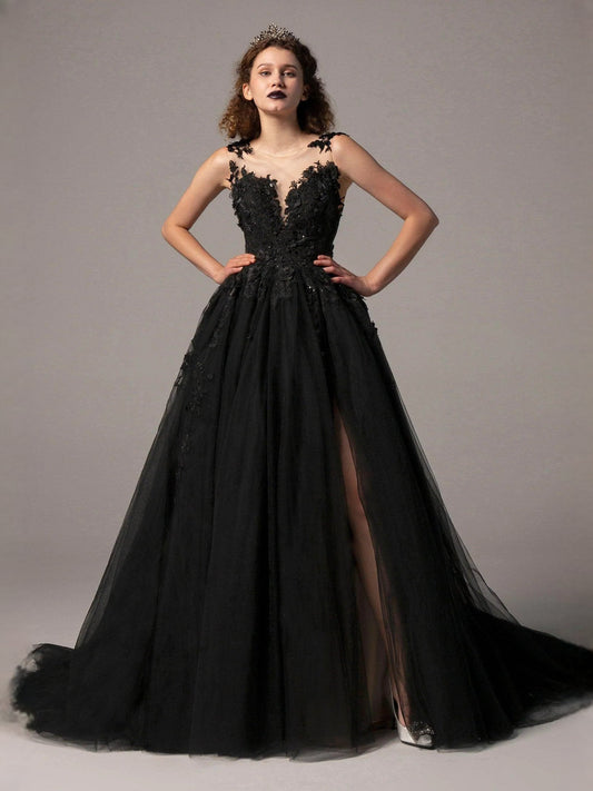 Black sleeveless V-neck ball gown with lace floral bodice, layered tulle and side slit