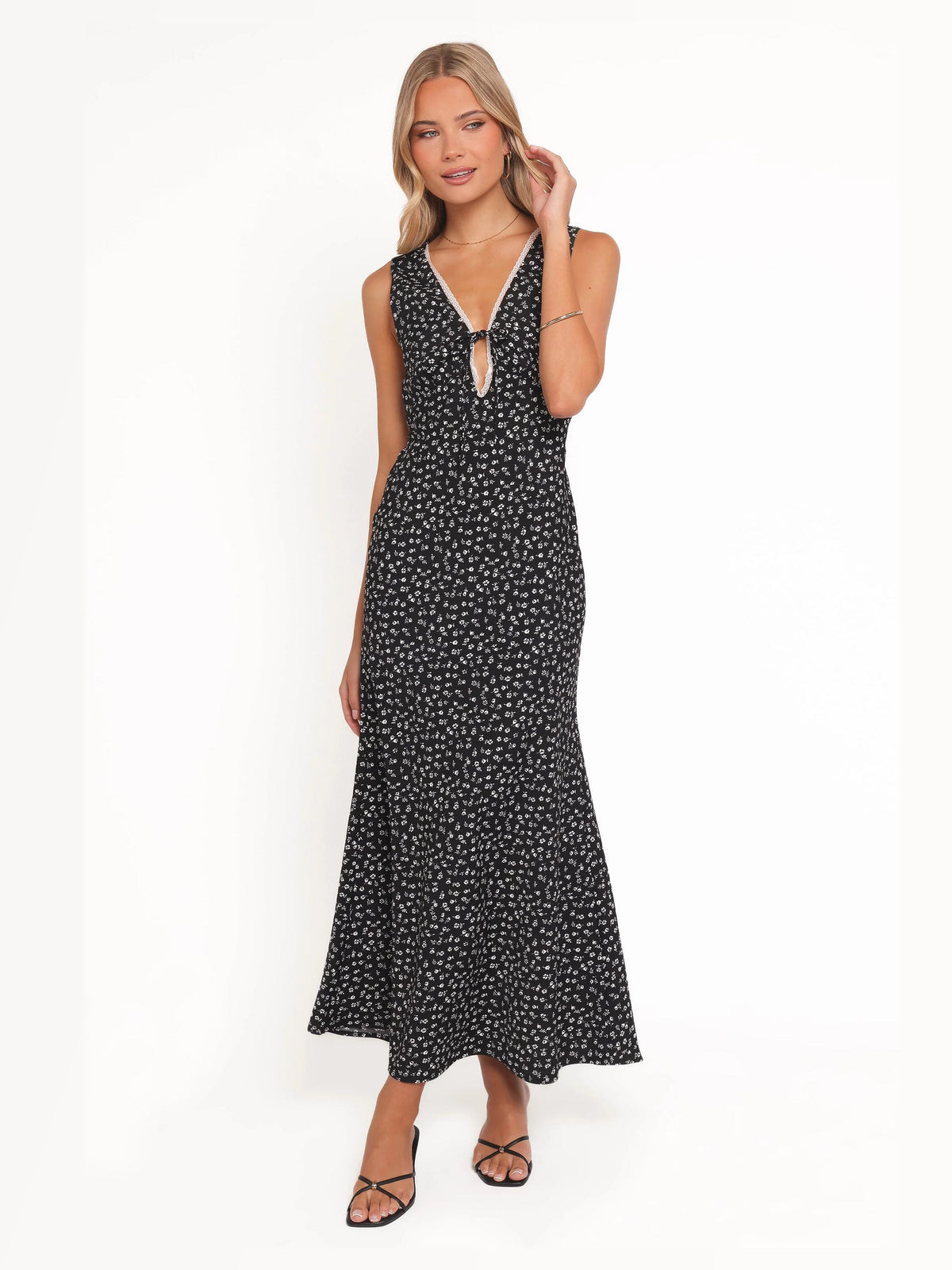 Gray formal dress with a-line silhouette