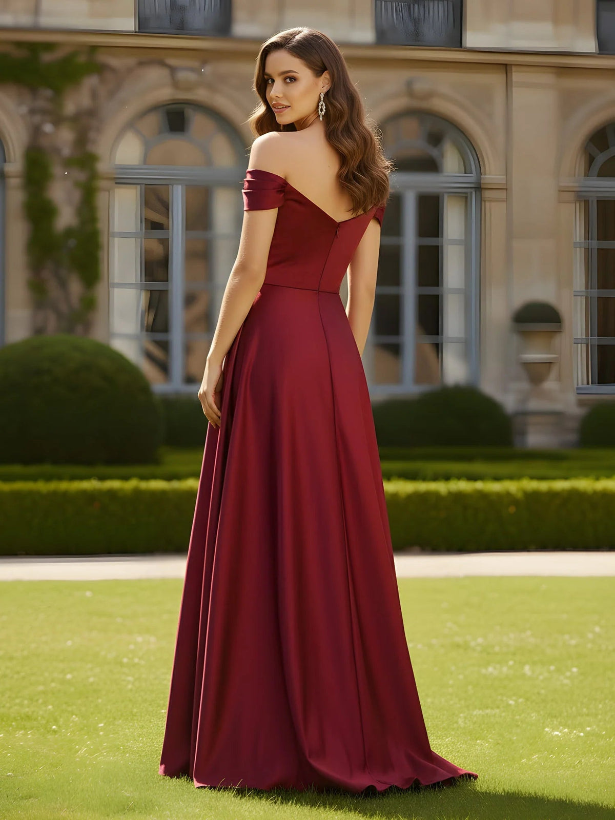 Burgundy off-shoulder ruched satin dress with front slit, A-line floor length