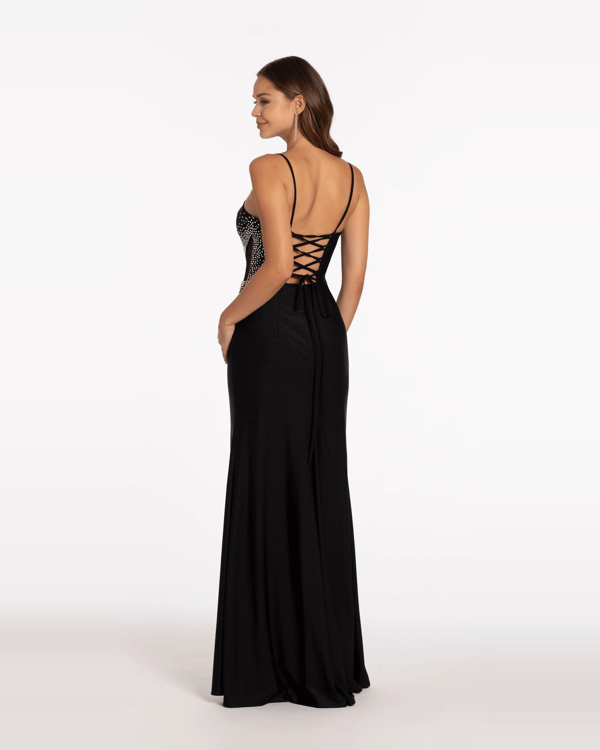 Black backless column maxi dress with crisscross lace-up straps and silver sequin detail