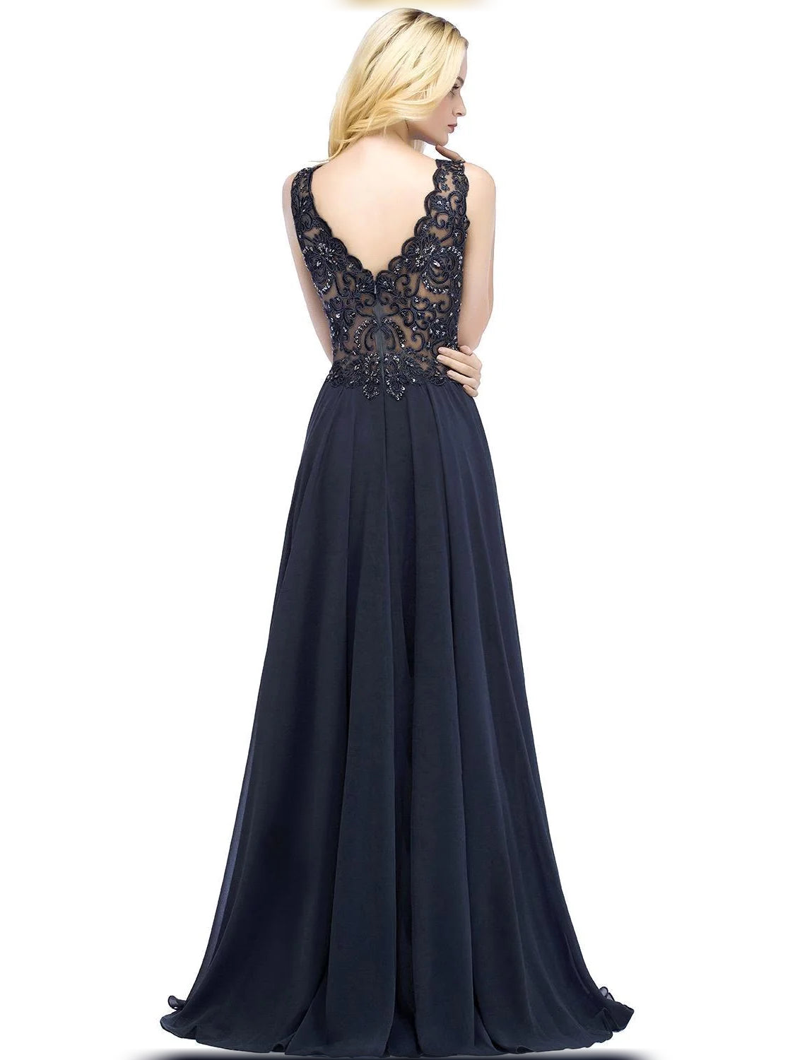 Dark navy sleeveless V-back A-line chiffon dress with lace bodice and flowing full skirt.