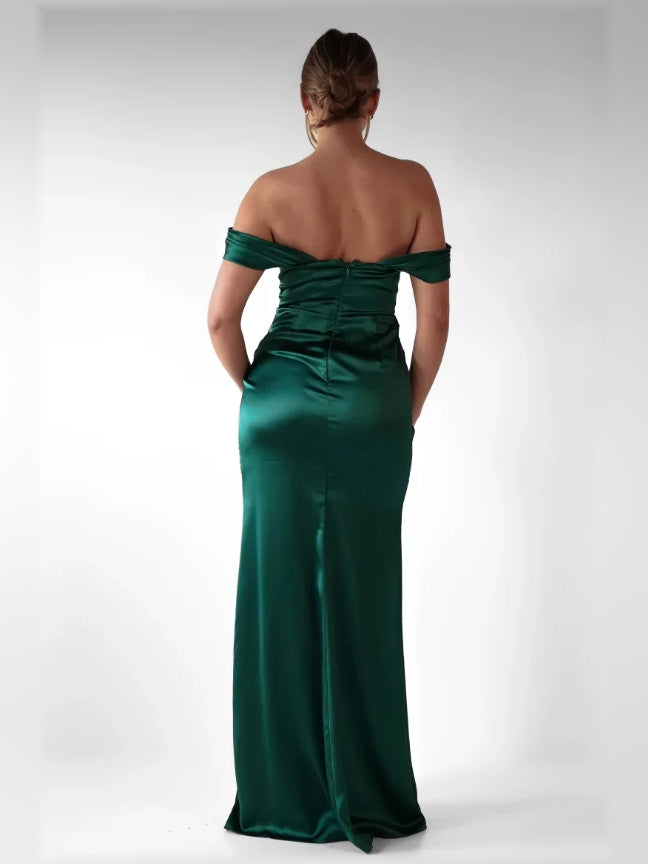 Off-the-shoulder satin slit sheath dress, peacock teal, draped off-shoulder neckline, back view