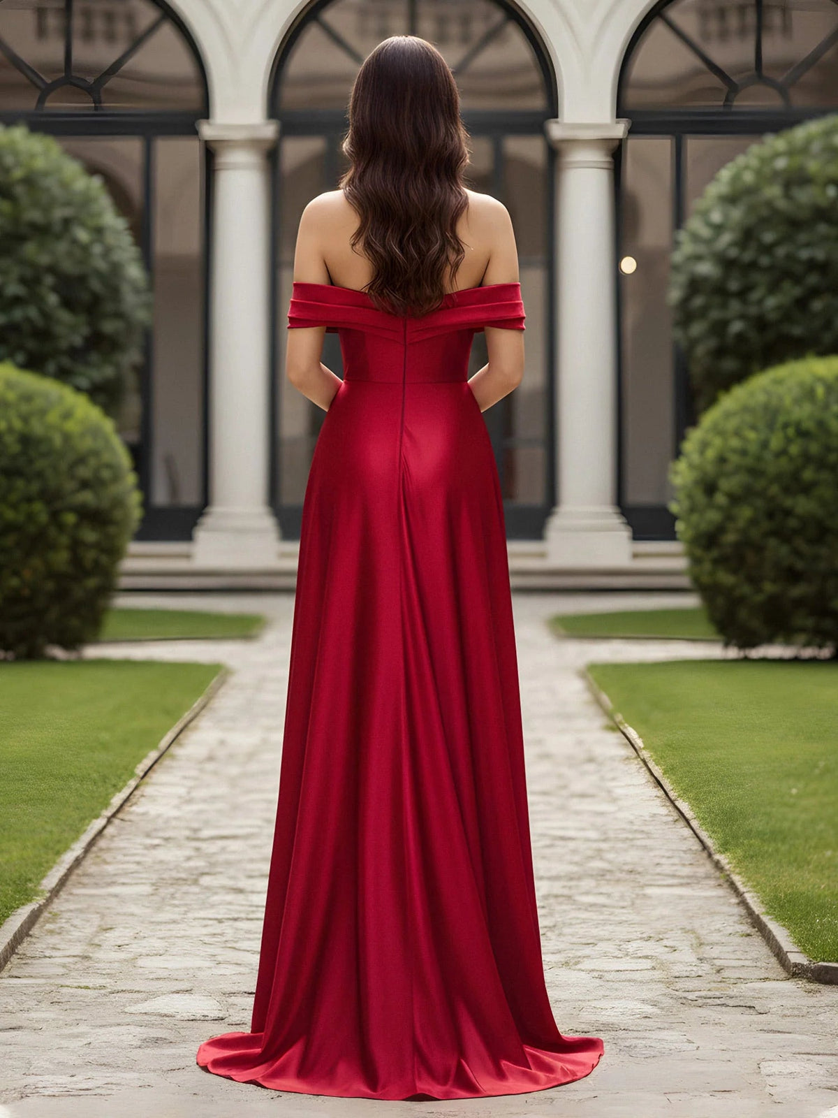 Burgundy off-shoulder formal dress with ruched waist and long front slit, floor-length