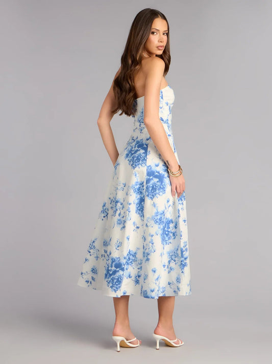 Blue floral print strapless A-line midi dress, sweetheart neckline, side profile