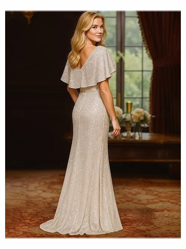 Champagne sequin V-neck sheath evening dress, short sleeves, side view, floor-length