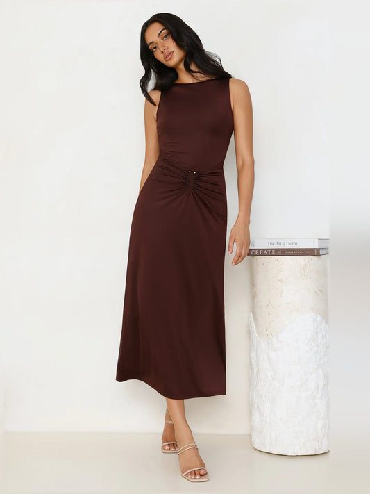 Chocolate sleeveless midi formal dress with high neck and side-ruched waist knot