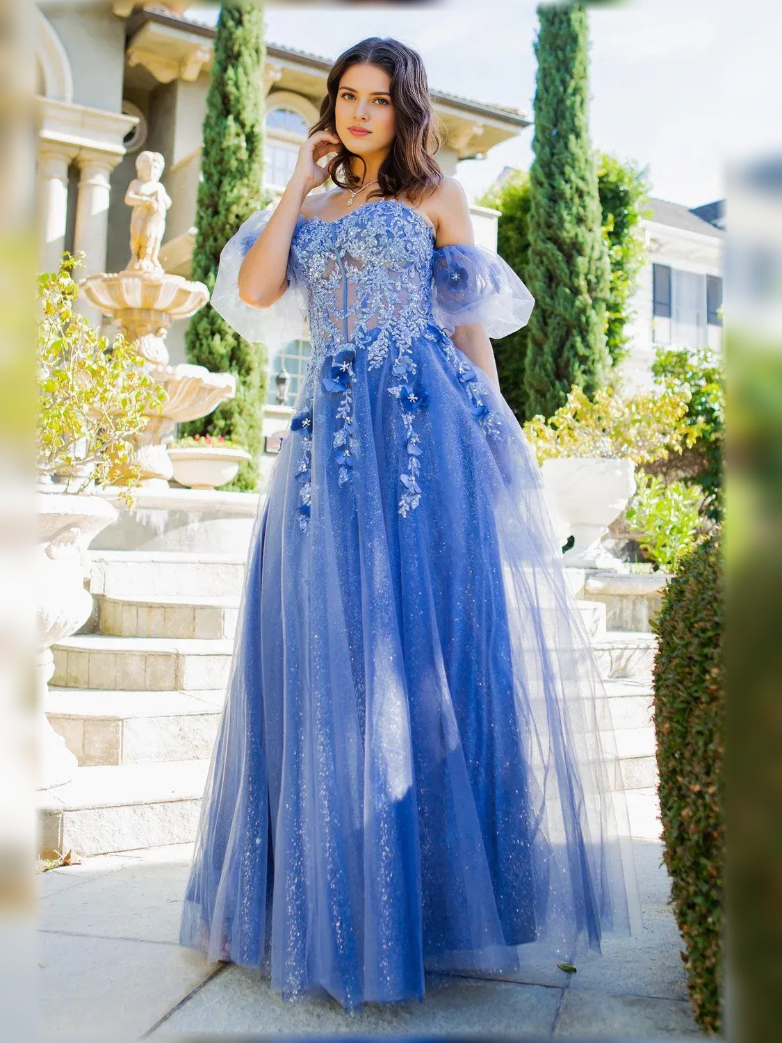 Blue floral off-the-shoulder formal dress with puff sleeves and embroidered bodice