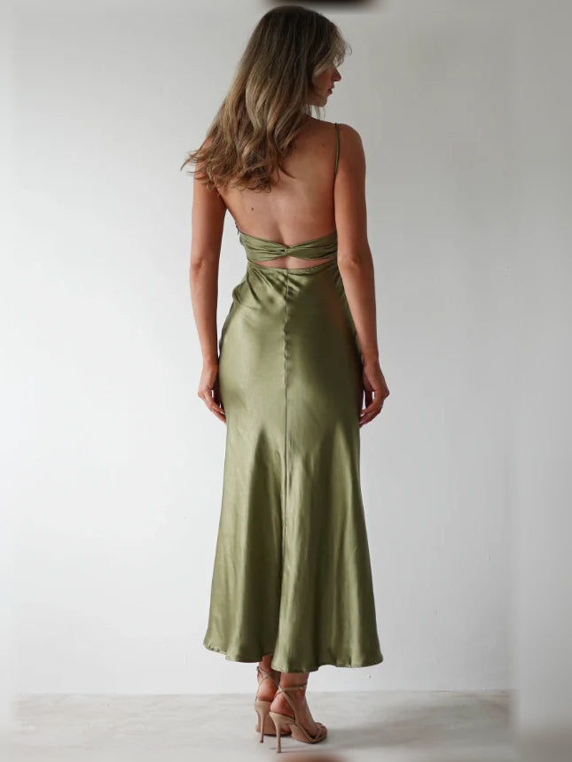 Olive satin maxi sheath dress from back, crisscross open-back straps, side slit