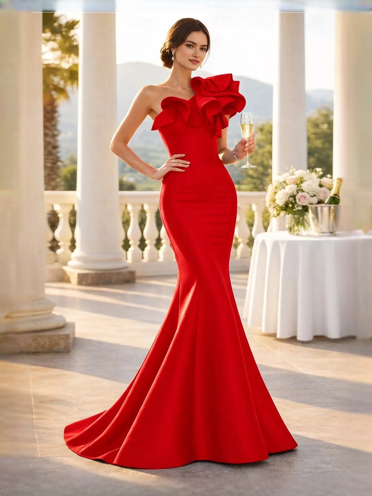 One-shoulder mermaid prom dress in red satin with dramatic layered ruffle shoulder