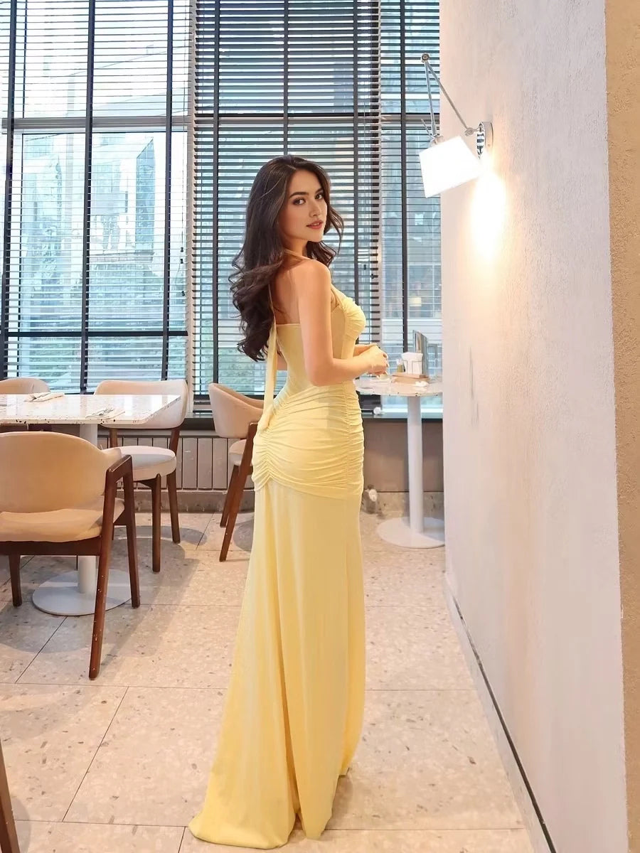 Light yellow ruched sweetheart sheath prom dress with draped waist, floor-length