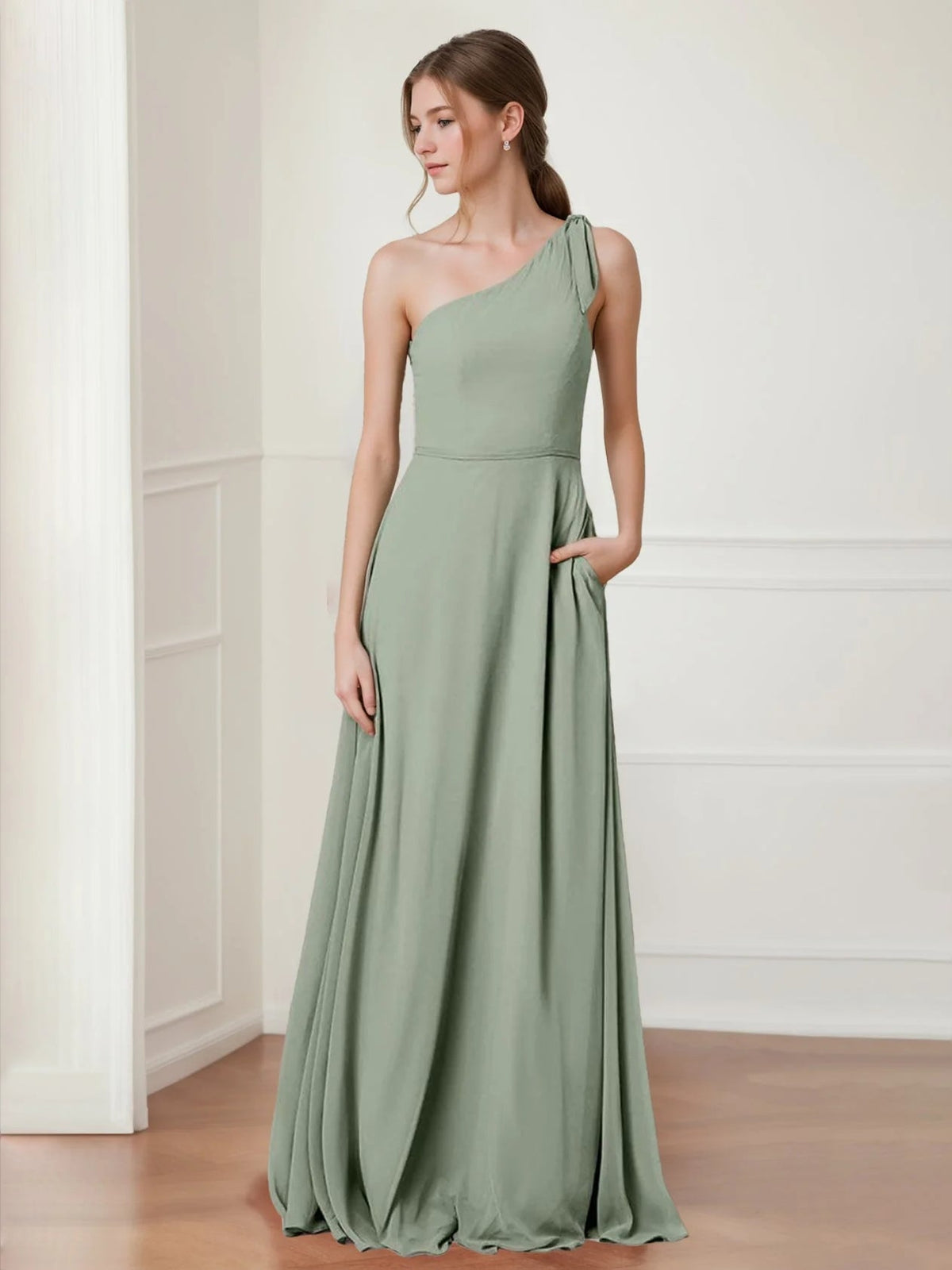 One-shoulder chiffon prom dress in dusty sage, A-line floor length with draped back