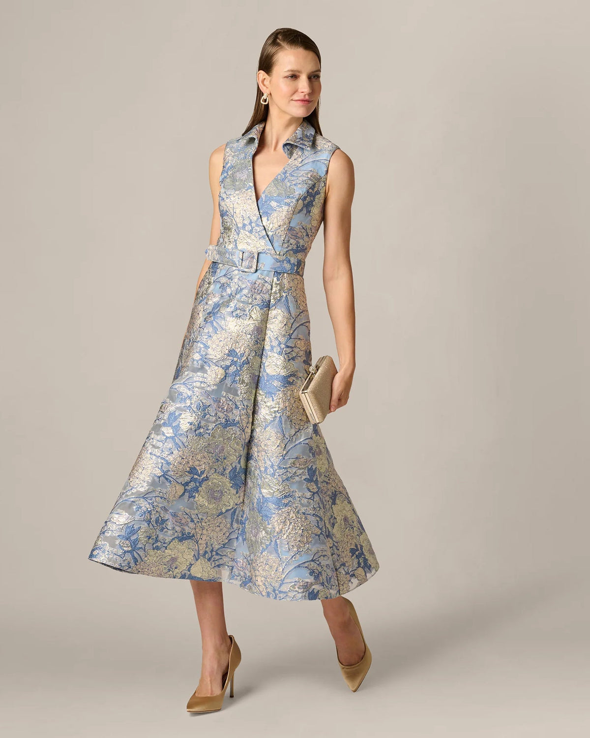 Blue floral sleeveless A-line midi dress with V neckline and fitted waist belt