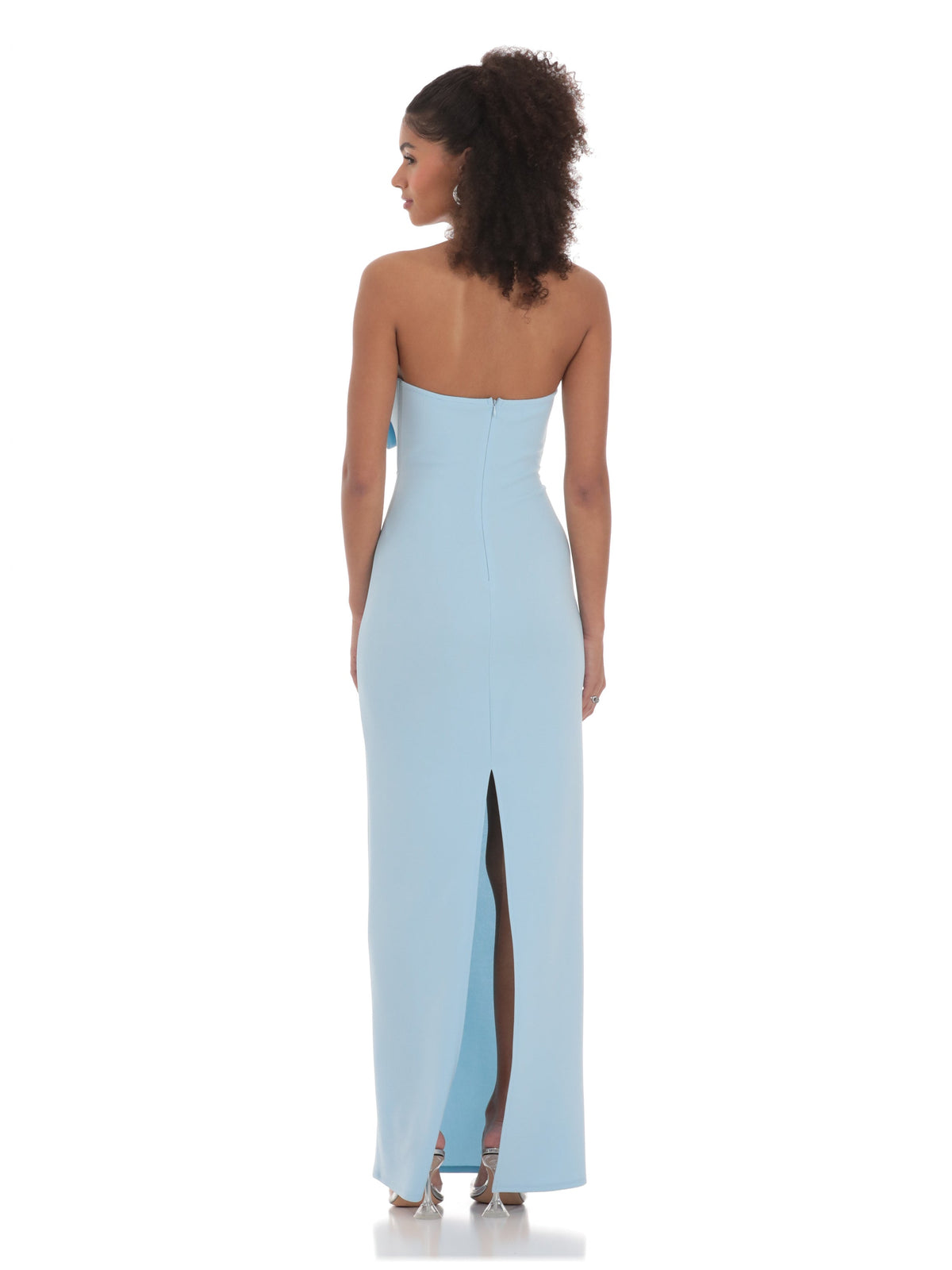 Blue bridesmaid dress with strapless neckline