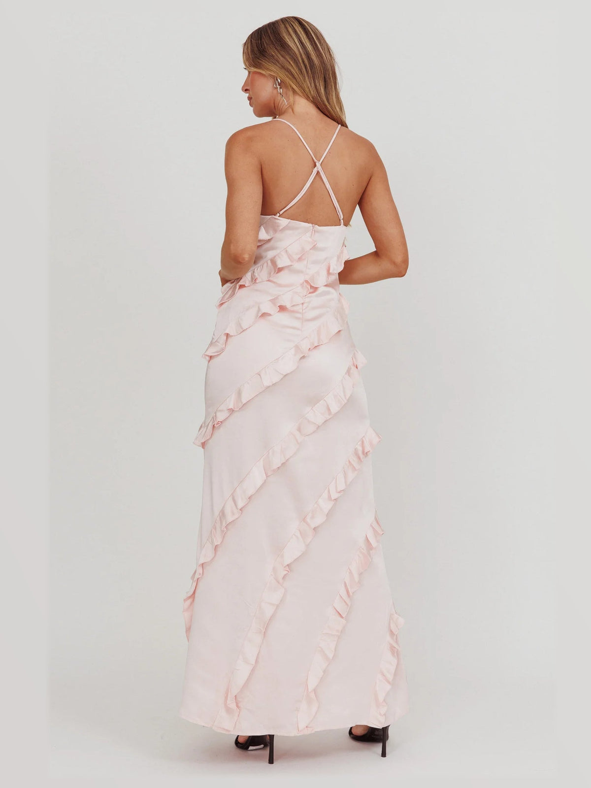 Blush maxi formal dress, back full-length view showing the bodice
