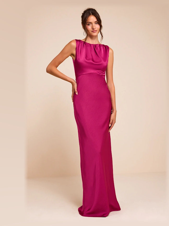 Magenta formal dress with boat neck neckline
