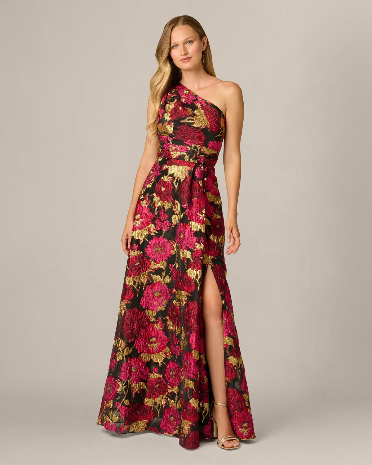 Floral one-shoulder A-line maxi dress with slit hem and cinched waist, pink multi blooms