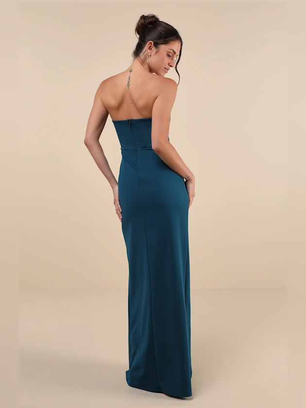 Teal Blue sheath maxi formal dress with skirt slit, full-length back view
