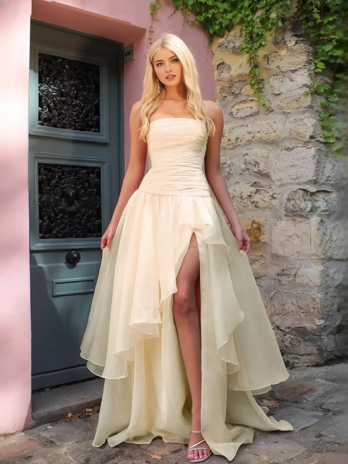 Ivory strapless ruched prom dress with layered A-line high-low skirt and front slit